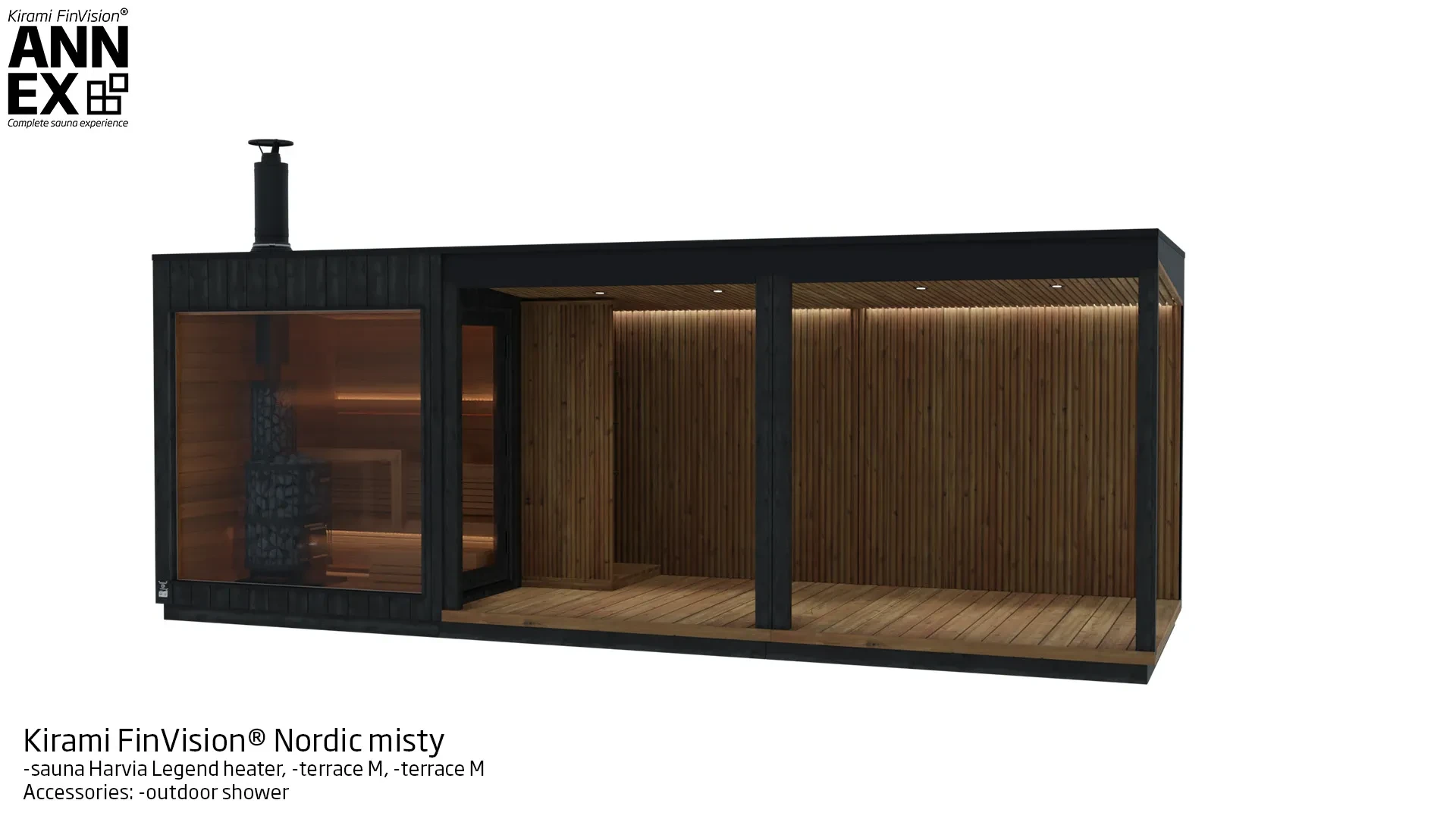 Kirami FinVision® -sauna (with Harvia Legend heater), -terrace M, -terrace M Misty | Kirami FinVision® Annex